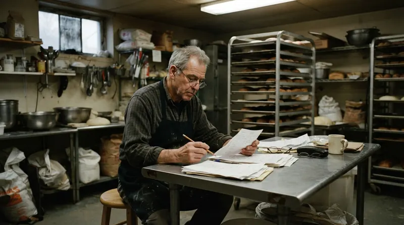 A man in an apron going through invoices at a steel table in a bakery back room before dawn