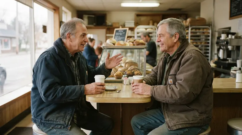 Two men in their sixties talking over coffee at a bakery counter