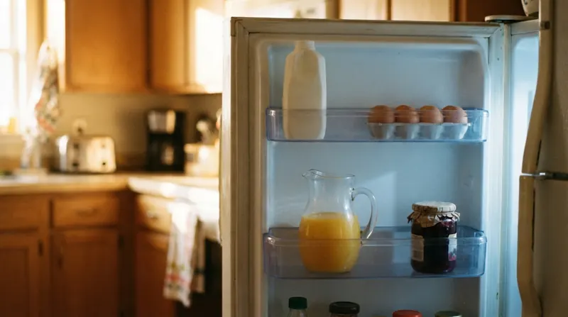 The inside of a refrigerator door with milk, juice, jam and eggs