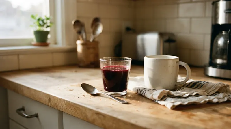 A small glass of dark red liquid and a tablespoon on a kitchen counter in morning light