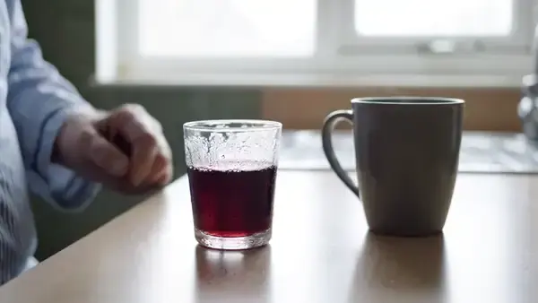A man's hands lifting a small glass of dark red liquid at a kitchen counter and setting it down